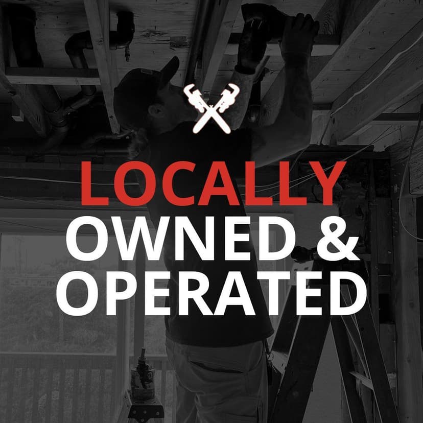 Person working on home construction, with text "Locally Owned & Operated" overlay.